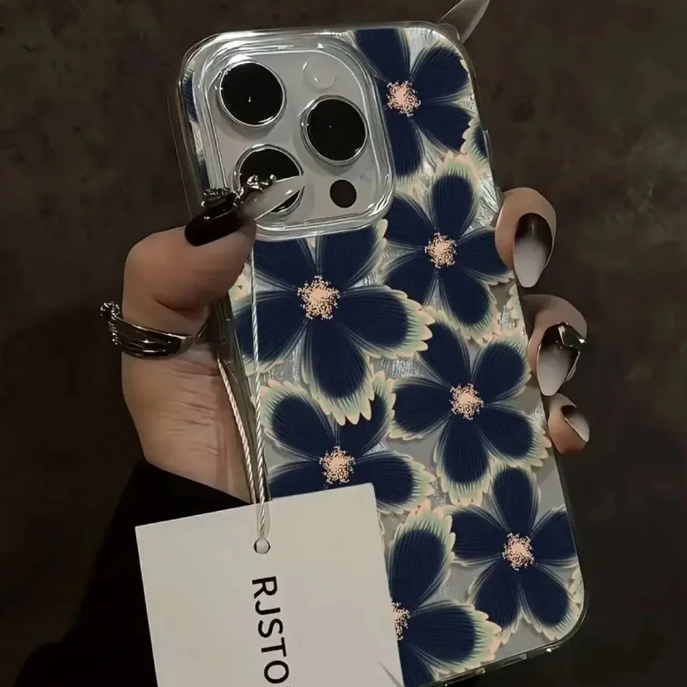 Clear Floral Phone Case with Dark Blue Flower Design